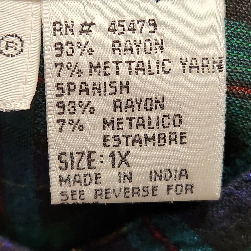 Victoria Jones Tunic Top Size 1X Green Metallic Front Buttons Plaid - Picture 14 of 15